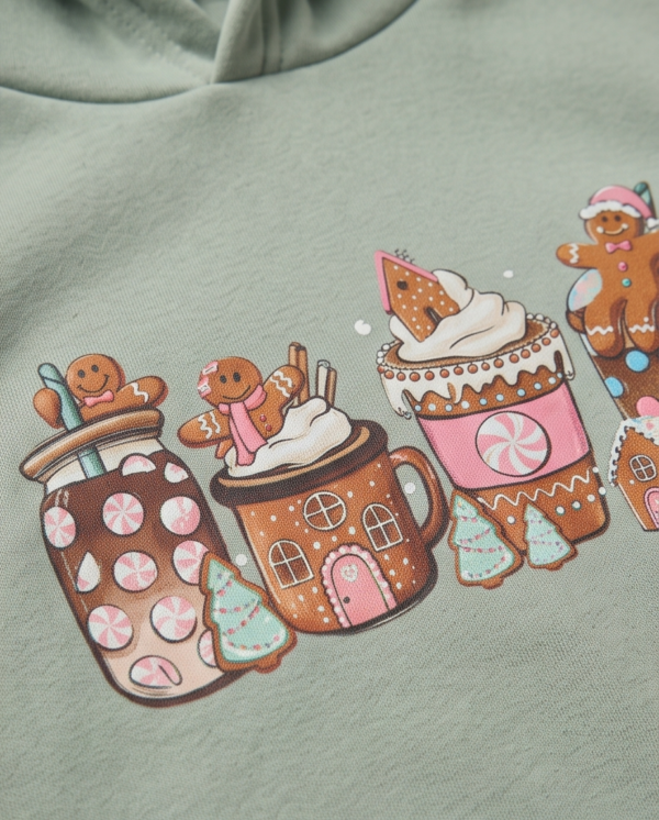 Gingerbread Hot Cocoa Print Hoodie — Sage Green Kids’ Pullover (Age 12)