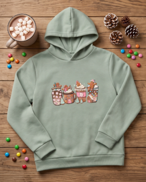 Gingerbread Hot Cocoa Print Hoodie — Sage Green Kids’ Pullover (Age 12)