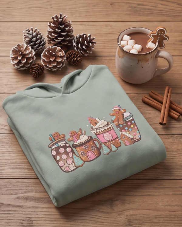 Gingerbread Hot Cocoa Print Hoodie — Sage Green Kids’ Pullover (Age 12)