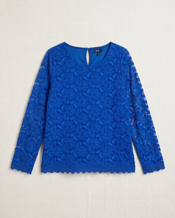 ICONIC Cobalt Blue Floral Lace Top — Long Sleeve Round Neck, Size 12