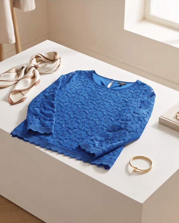 ICONIC Cobalt Blue Floral Lace Top — Long Sleeve Round Neck, Size 12