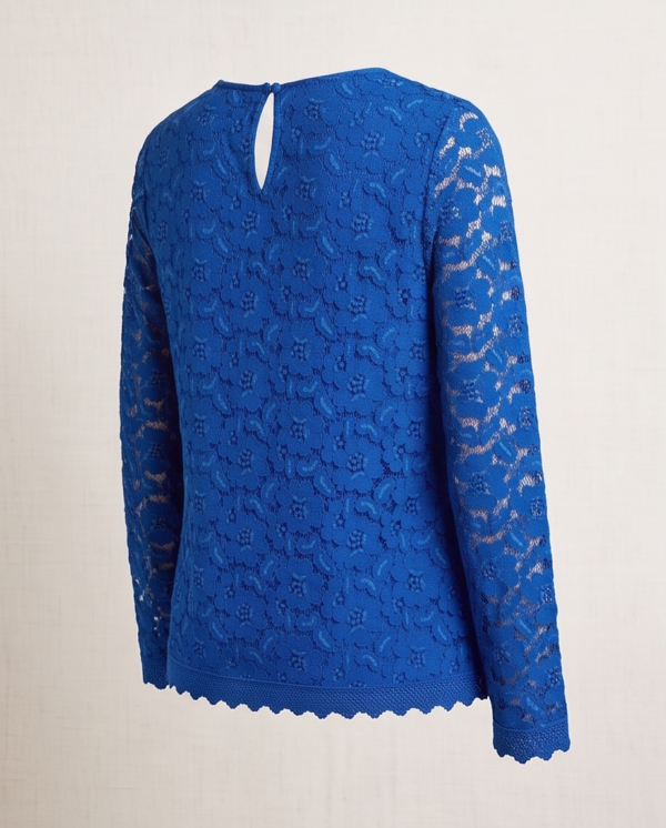 ICONIC Cobalt Blue Floral Lace Top — Long Sleeve Round Neck, Size 12