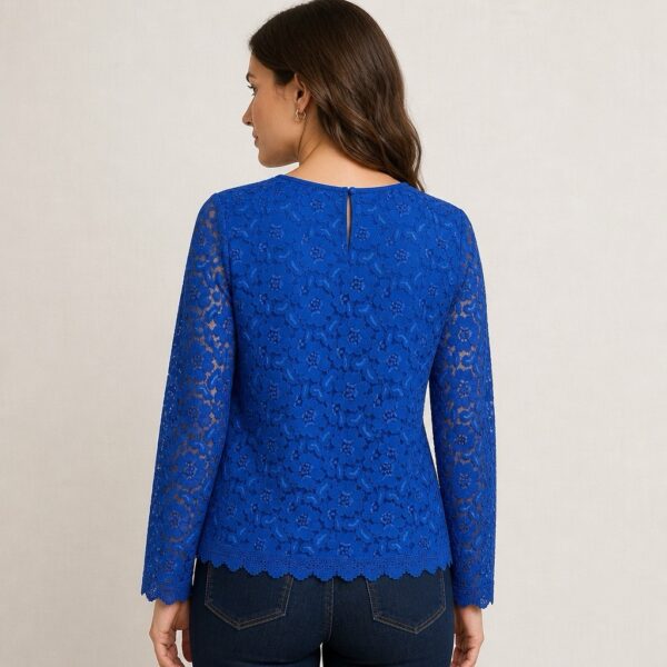 ICONIC Cobalt Blue Floral Lace Top — Long Sleeve Round Neck, Size 12