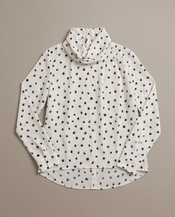 MAX Ivory Polka Dot Cowl Neck Blouse — Long Sleeve Top, Size 12 (EUR 38)