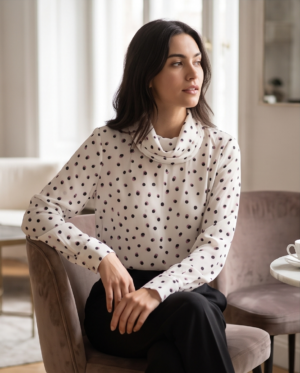 img_1810 MAX Ivory Polka Dot Cowl Neck Blouse — Long Sleeve Top, Size 12 (EUR 38)