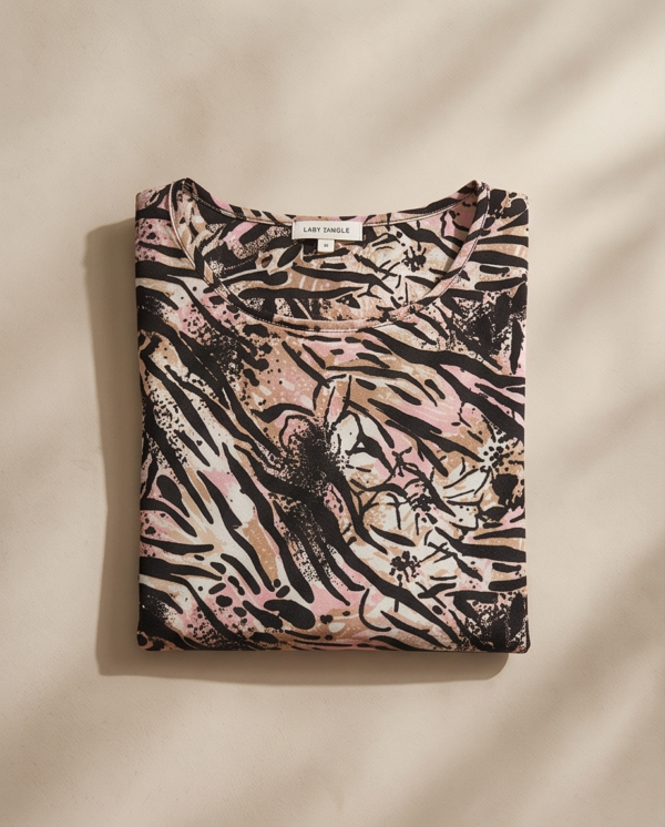EMILY DANIELS Abstract Animal Print Top — Round Neck 3/4 Sleeve, Size XL