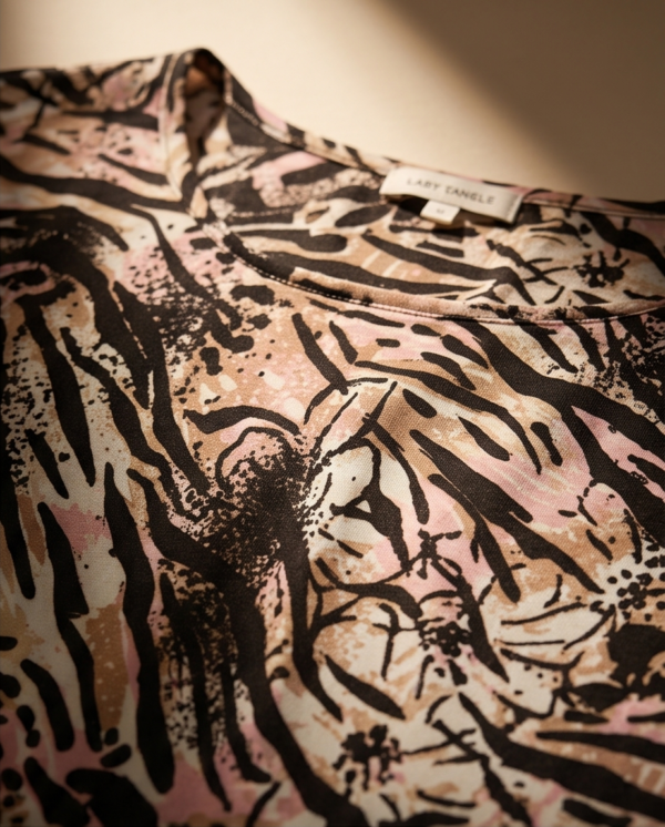EMILY DANIELS Abstract Animal Print Top — Round Neck 3/4 Sleeve, Size XL