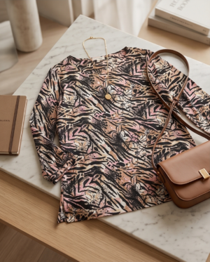 img_1814 EMILY DANIELS Abstract Animal Print Top — Round Neck 3/4 Sleeve, Size XL
