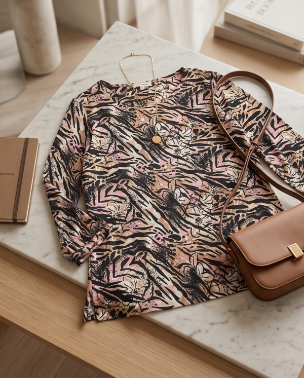 EMILY DANIELS Abstract Animal Print Top — Round Neck 3/4 Sleeve, Size XL