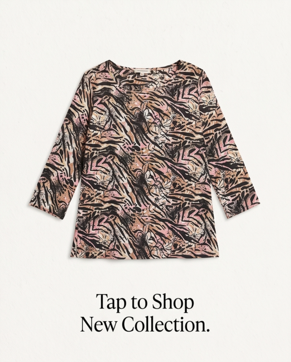 EMILY DANIELS Abstract Animal Print Top — Round Neck 3/4 Sleeve, Size XL