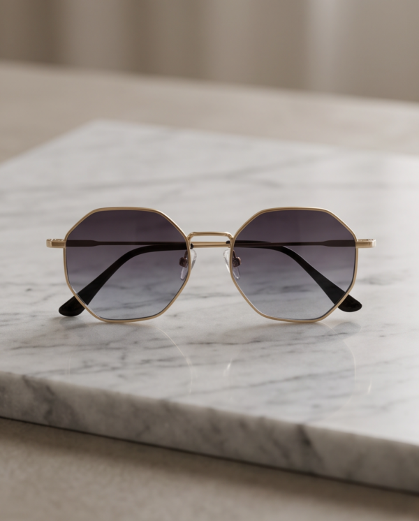 Gold Geometric Octagon Sunglasses — Gradient Grey Lens