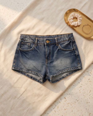 Bershka Medium Wash Denim Shorts — High-Waist Cuffed Hem, EUR 38 / US 6 / UK 10