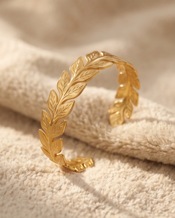 Laurel Leaf Cuff Bracelet — Gold Stainless Steel Open Bangle