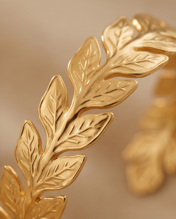 Laurel Leaf Cuff Bracelet — Gold Stainless Steel Open Bangle