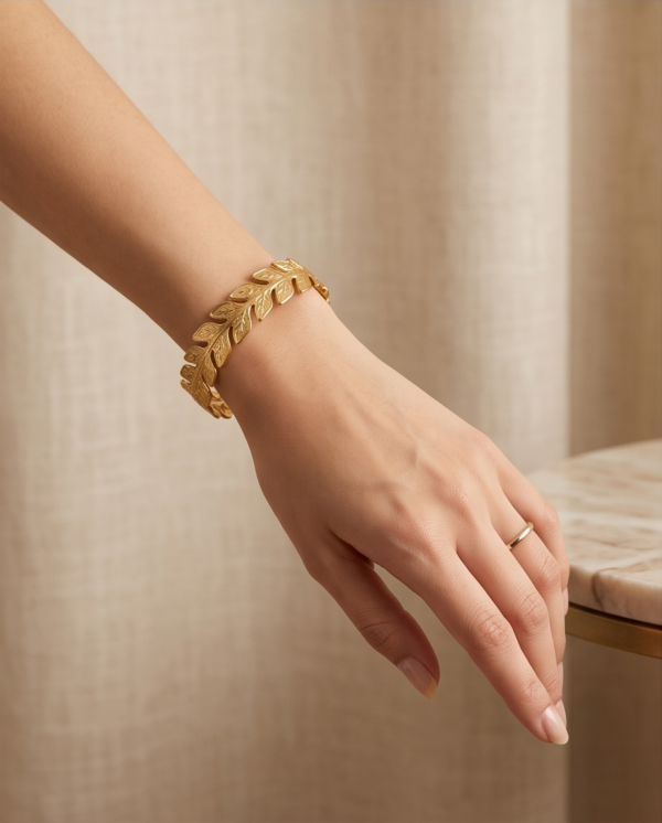 Laurel Leaf Cuff Bracelet — Gold Stainless Steel Open Bangle