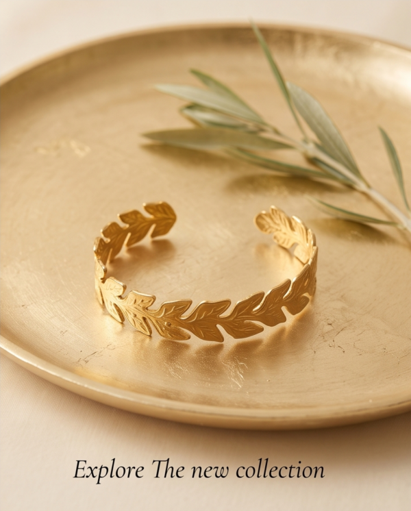 Laurel Leaf Cuff Bracelet — Gold Stainless Steel Open Bangle
