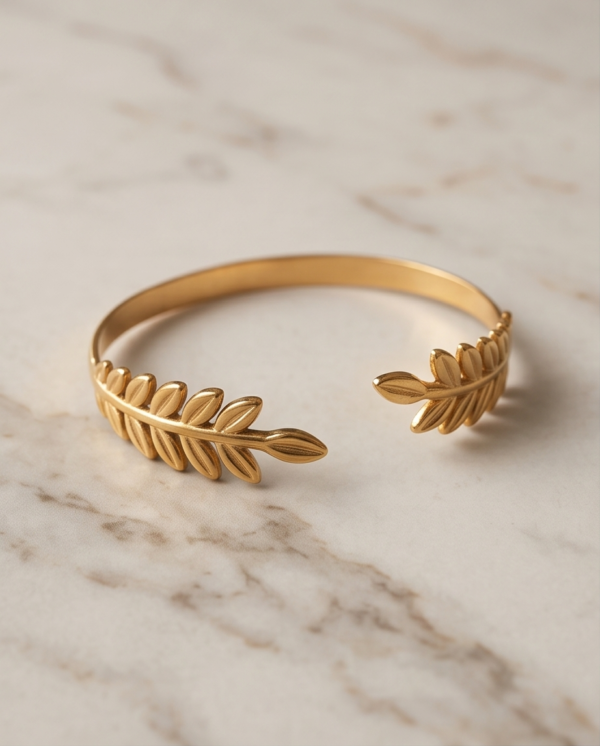 Fern Leaf Open Cuff Bracelet — Slim Gold Stainless Steel Bangle