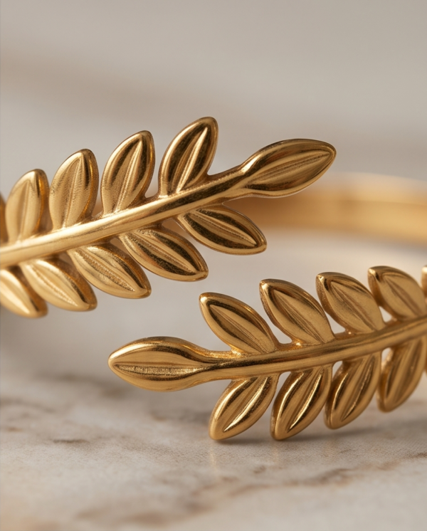 Fern Leaf Open Cuff Bracelet — Slim Gold Stainless Steel Bangle
