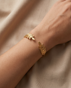 img_2182 Fern Leaf Open Cuff Bracelet — Slim Gold Stainless Steel Bangle