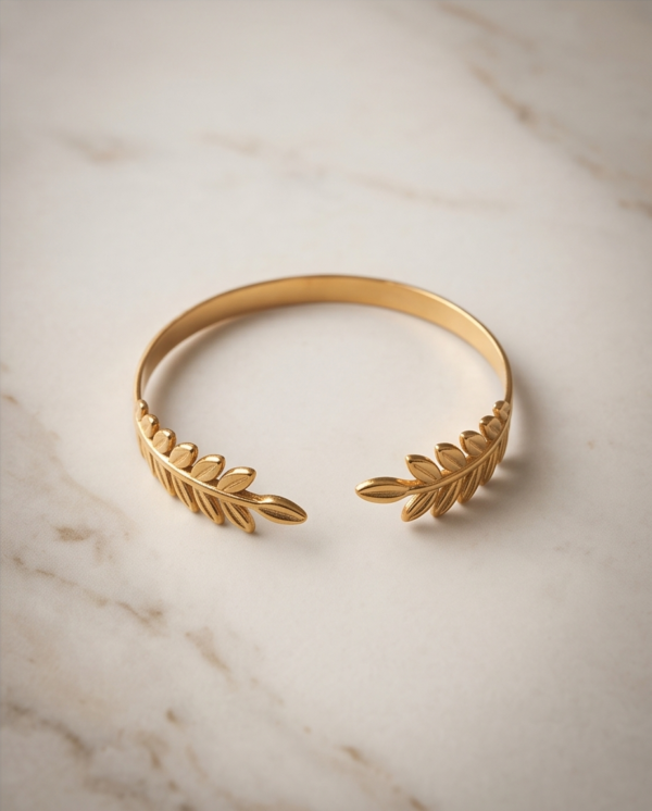 Fern Leaf Open Cuff Bracelet — Slim Gold Stainless Steel Bangle