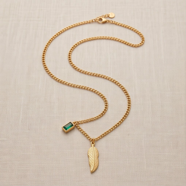 img_2184 Gold Feather & Emerald Baguette Necklace — Stainless Steel Curb Chain