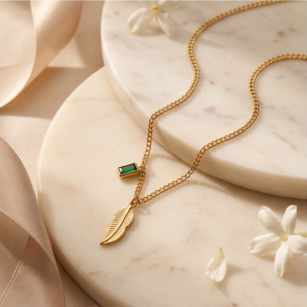img_2186 Gold Feather & Emerald Baguette Necklace — Stainless Steel Curb Chain