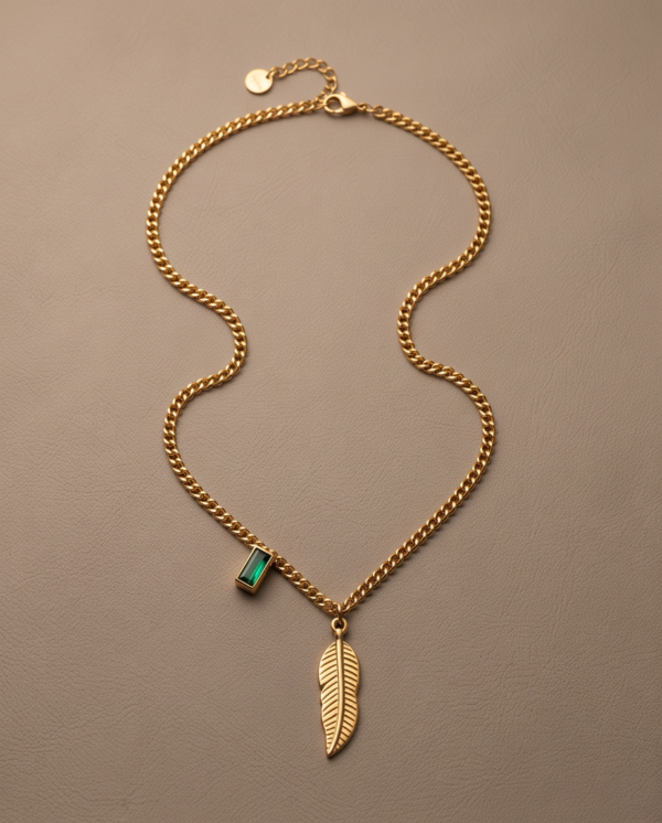 img_2188 Gold Feather & Emerald Baguette Necklace — Stainless Steel Curb Chain