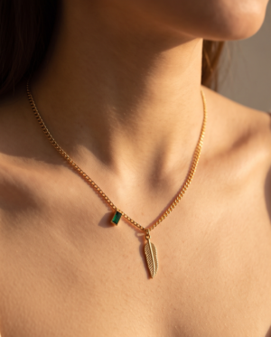 img_2190 Gold Feather & Emerald Baguette Necklace — Stainless Steel Curb Chain
