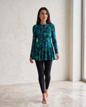 Tropical Print Peplum Burkini Set — 2-Piece Modest Swimwear