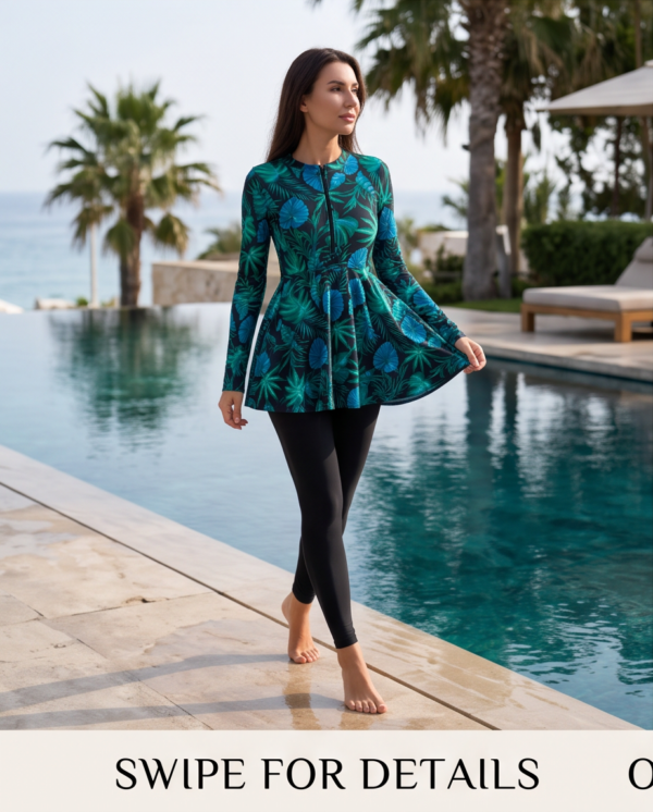 Tropical Print Peplum Burkini Set — 2-Piece Modest Swimwear