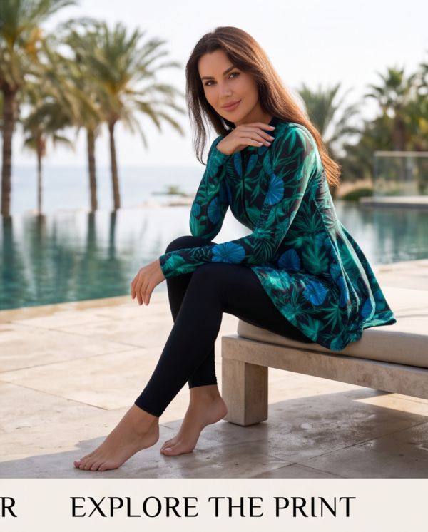 Tropical Print Peplum Burkini Set — 2-Piece Modest Swimwear