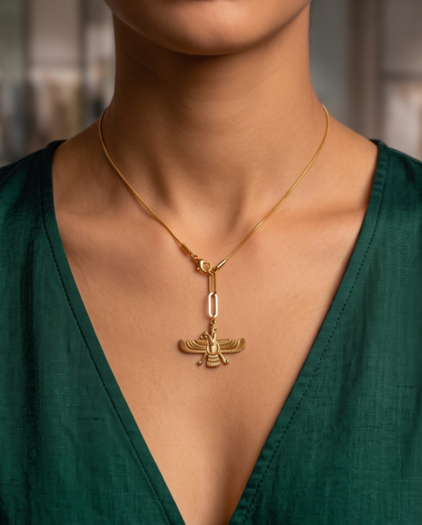 Faravahar Winged Symbol Necklace — Gold Stainless Steel Snake Chain
