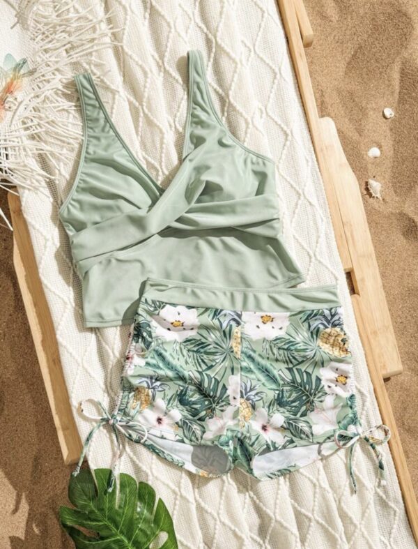 Sage Green Wrap Top & Pineapple Floral Shorts Swim Set — 2-Piece Tankini