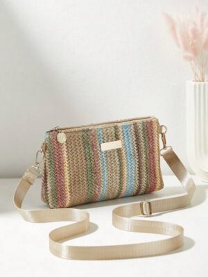 Rainbow Striped Woven Straw Crossbody Bag — Compact Zip Pouch, 21cm