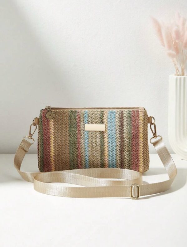 Rainbow Striped Woven Straw Crossbody Bag — Compact Zip Pouch, 21cm