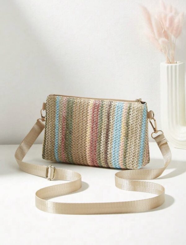 Rainbow Striped Woven Straw Crossbody Bag — Compact Zip Pouch, 21cm