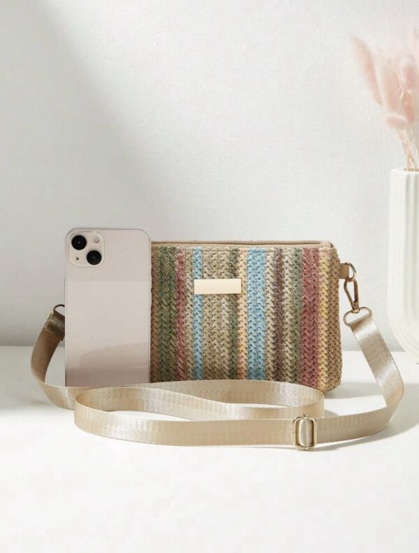 Rainbow Striped Woven Straw Crossbody Bag — Compact Zip Pouch, 21cm