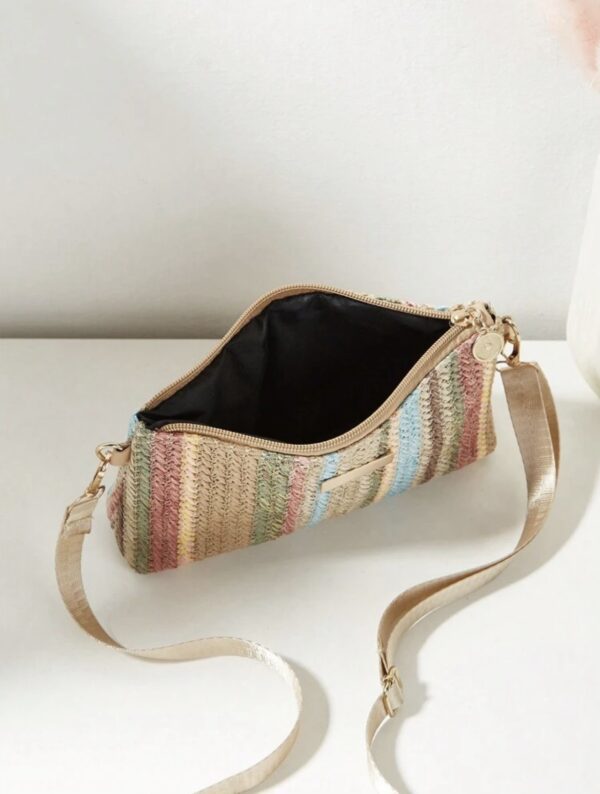Rainbow Striped Woven Straw Crossbody Bag — Compact Zip Pouch, 21cm