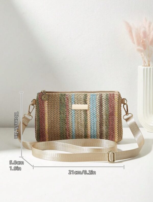 Rainbow Striped Woven Straw Crossbody Bag — Compact Zip Pouch, 21cm