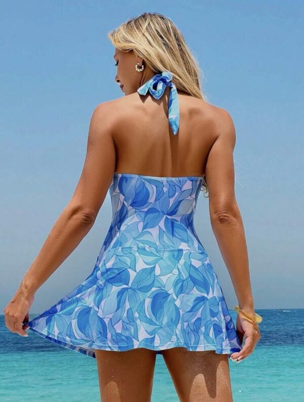 Blue Leaf Print Halter Swimdress — Ruched High-Leg One-Piece