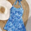 Blue Leaf Print Halter Swimdress — Ruched High-Leg One-Piece