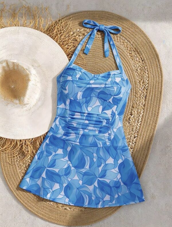 Blue Leaf Print Halter Swimdress — Ruched High-Leg One-Piece