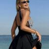 Black & White Striped Halter Swimdress — Mesh Cutout One-Piece with Flared Skirt