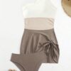 Color-Block Asymmetric Tie-Front Swim Dress Set — One-Shoulder Skirted Swimsuit
