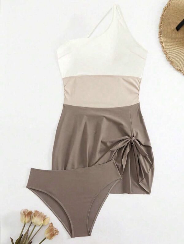 Color-Block Asymmetric Tie-Front Swim Dress Set — One-Shoulder Skirted Swimsuit