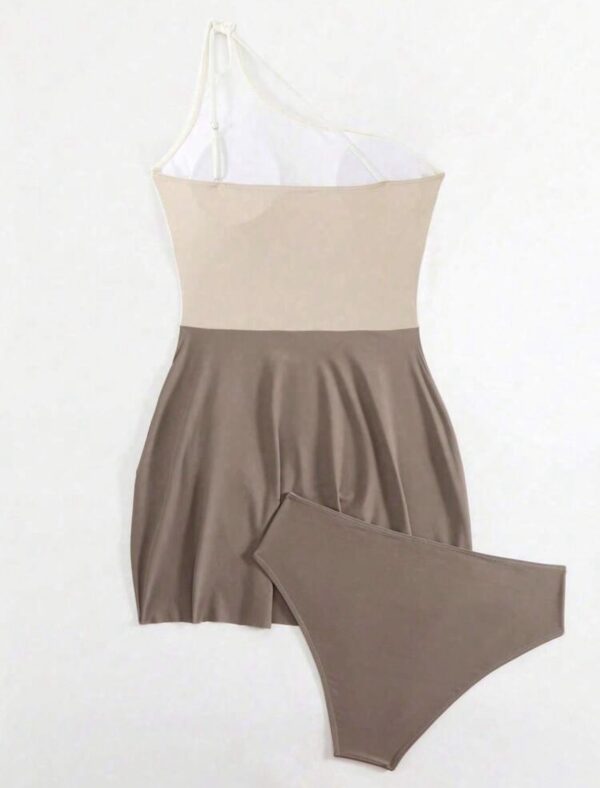 Color-Block Asymmetric Tie-Front Swim Dress Set — One-Shoulder Skirted Swimsuit