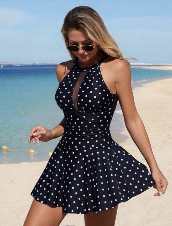 Black Polka Dot Halter Swimdress — Mesh Cutout One-Piece with Flared Skirt