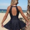 Black Polka Dot Halter Swimdress — Mesh Cutout One-Piece with Flared Skirt