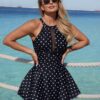 Black Polka Dot Halter Swimdress — Mesh Cutout One-Piece with Flared Skirt