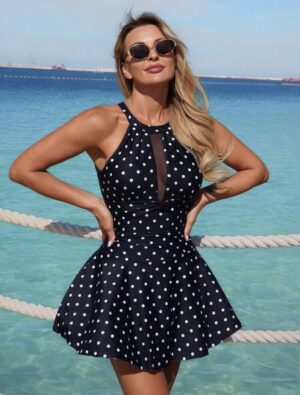 Black Polka Dot Halter Swimdress — Mesh Cutout One-Piece with Flared Skirt